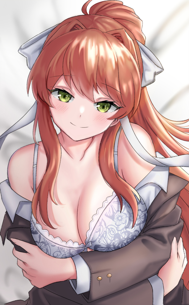 1girl, bra, breasts, brown_hair, doki_doki_literature_club, green_eyes, hair_ribbon, large_breasts, long_hair, long_sleeves, monika_(doki_doki_literature_club), ponytail, ribbon, sand_(redsunny924), school_uniform, smile, solo, underwear, upper_body, white_bra, white_ribbon