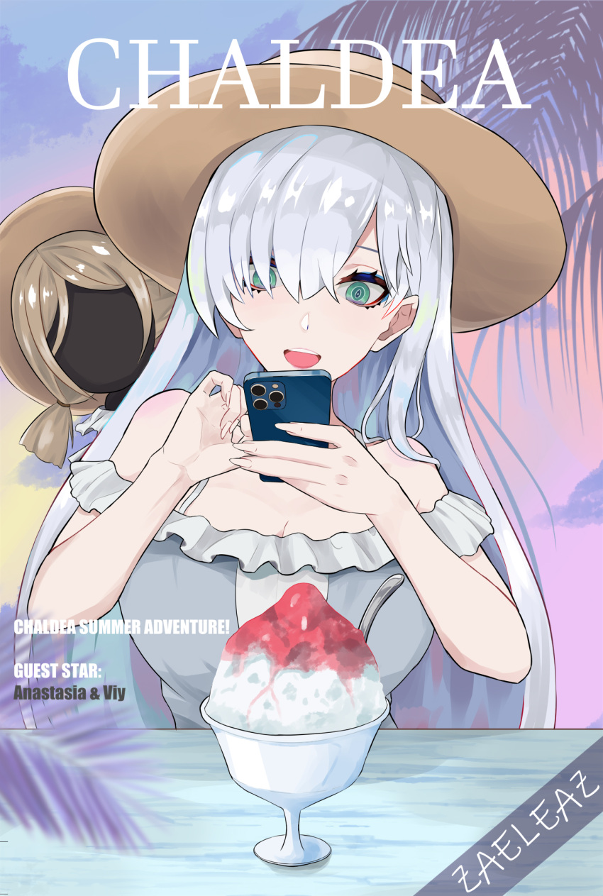 1girl, anastasia_(fate), anastasia_(swimsuit_archer)_(fate), cellphone, doll, dress, fate/grand_order, fate_(series)