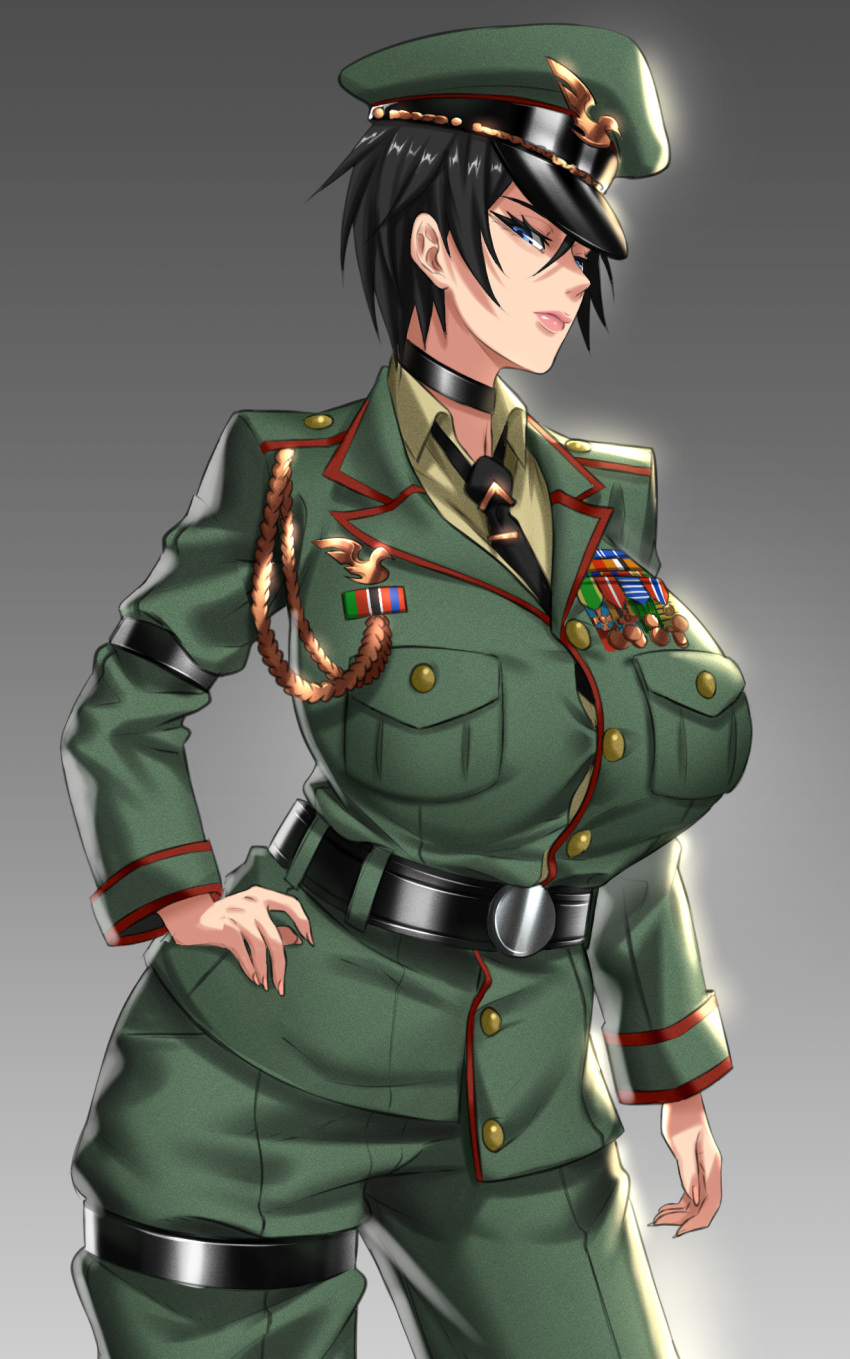 1girl, anima_(togashi), blue_eyes, boots, breasts, close-up, commission, gradient