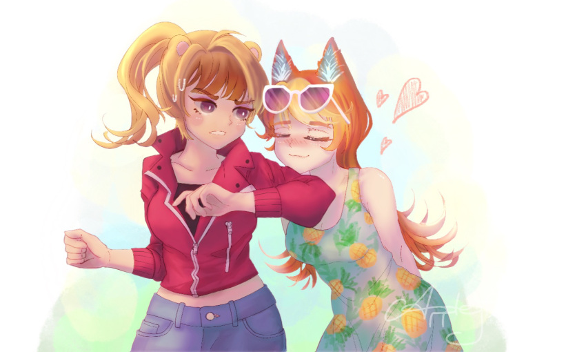 2girls, animal_crossing, animal_ears, applejff, arms_behind_back, artist_name, audie_(animal_crossing), bangs