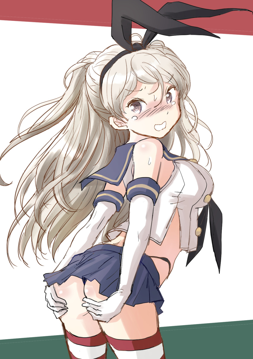 1girl, animal_ears, ass, bare_thighs, black_neckwear, black_panties, blue_skirt, blush