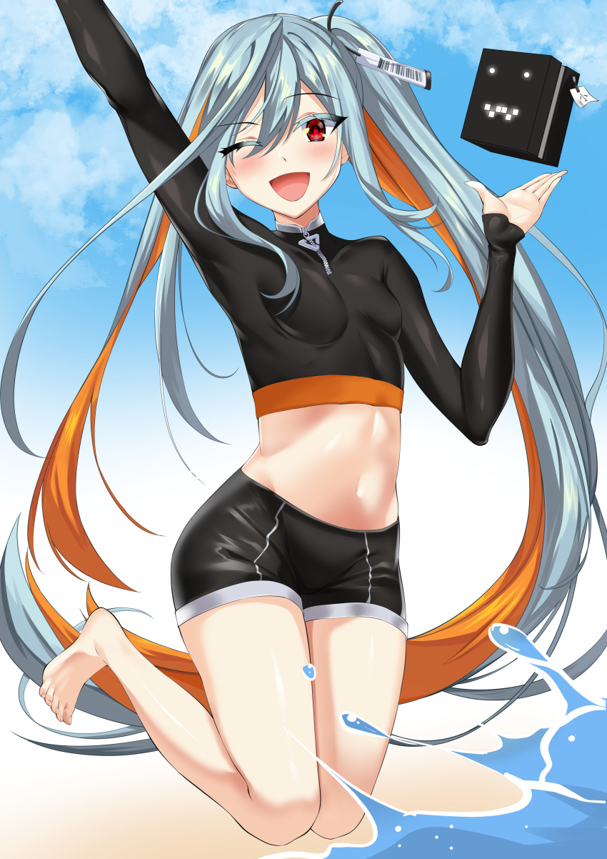 1girl, ;d, absurdres, arm_up, barefoot, black_shorts, breasts, counter_side