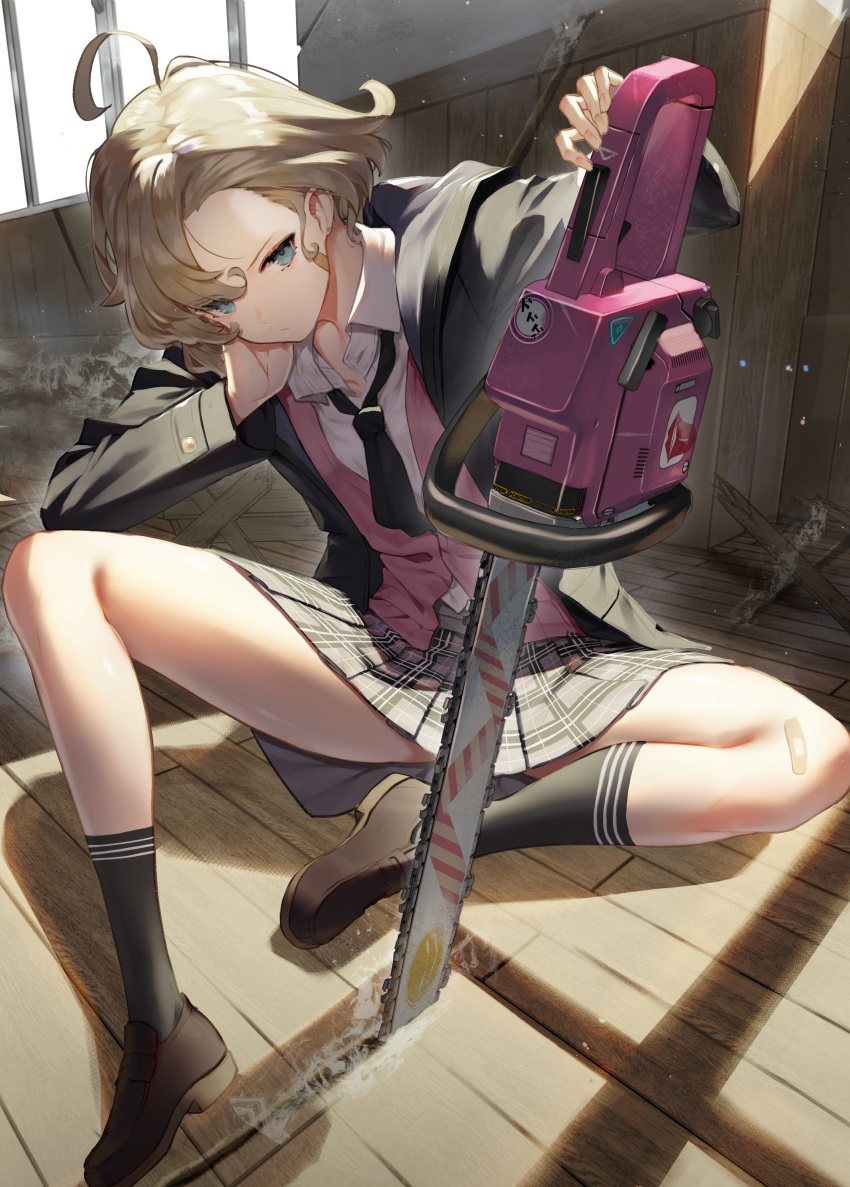 1girl, absurdres, ahoge, bangs, black_jacket, black_legwear, black_neckwear, blonde_hair, blue_eyes, brown_footwear, chainsaw, closed_mouth, collared_shirt, commentary, english_commentary, hand_on_own_cheek, hand_on_own_face, highres, indoors, jacket, miniskirt, original, plaid, plaid_skirt, shirt, short_hair, sitting, skirt, sukocchi, thighs, white_shirt, wooden_floor