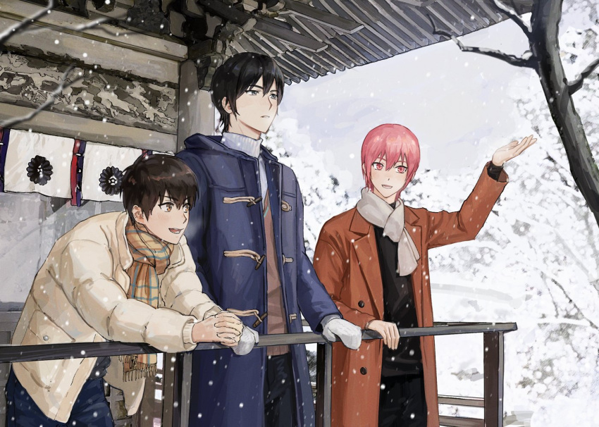2vxzlkj23ogfsf, 3boys, ace_of_diamond, bangs, black_hair, black_pants, black_shirt, blue_coat