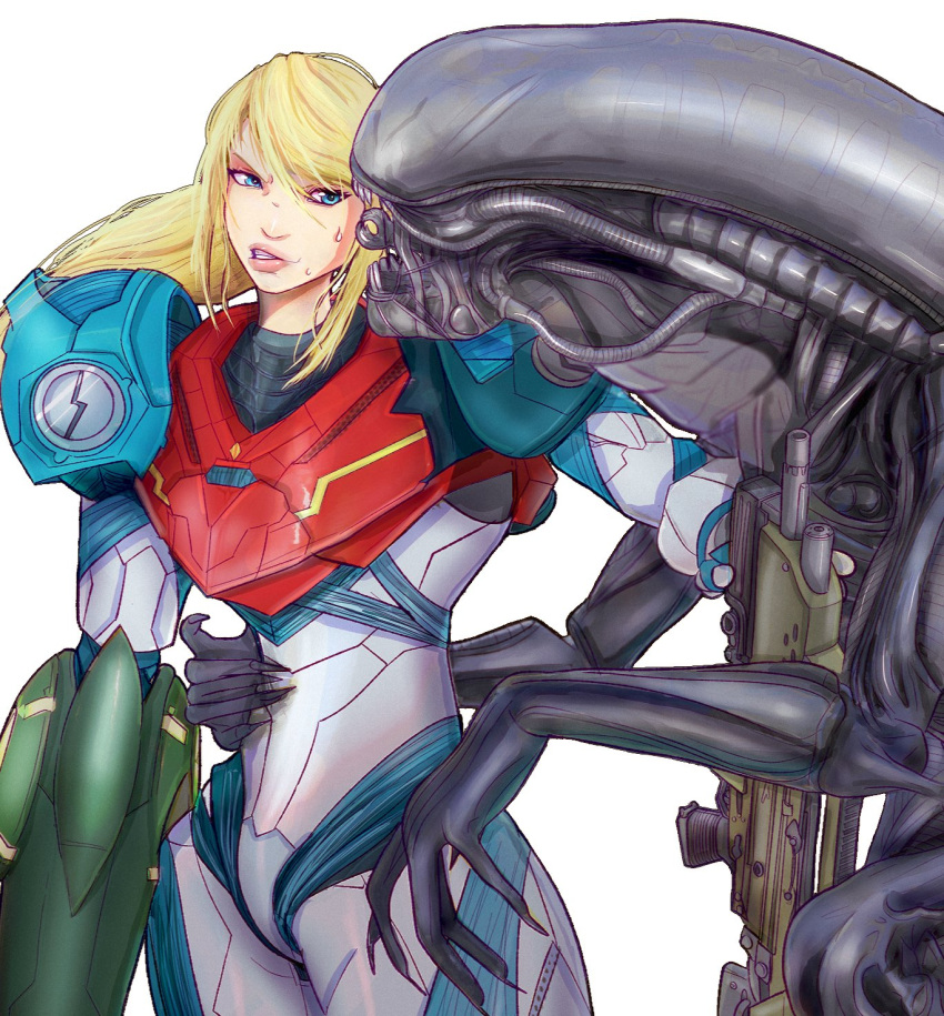 1girl, alien, alien_(movie), arm_cannon, armor, bangs, blonde_hair, blue_eyes