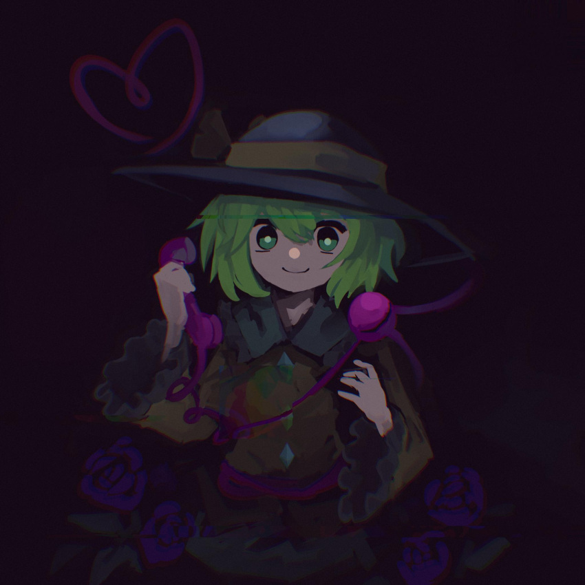 1girl, black_headwear, bow, dark_background, dress, flower, frilled_dress, frills