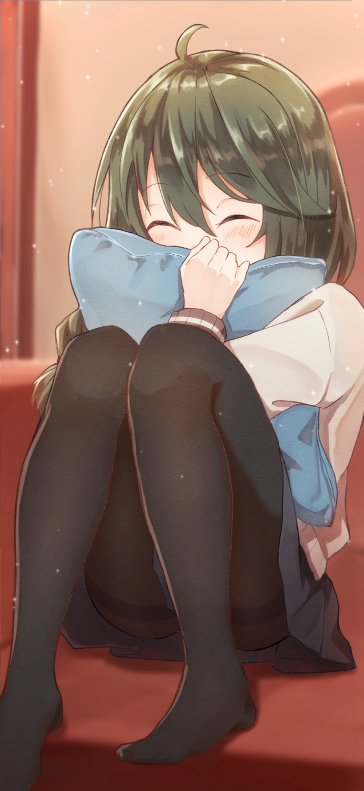 1girl, ahoge, bangs, black_legwear, black_skirt, blurry, blurry_background, blush, braid, cardigan, closed_eyes, couch, covered_mouth, depth_of_field, eyebrows_visible_through_hair, facing_viewer, feet_out_of_frame, green_hair, grey_cardigan, hair_between_eyes, highres, indoors, knees_up, long_hair, long_sleeves, nenosame, no_shoes, object_hug, on_couch, pantyhose, pillow, pillow_hug, pleated_skirt, princess_connect!, sitting, skirt, solo, thighband_pantyhose, yuni_(princess_connect!), yuni_(real)_(princess_connect!)
