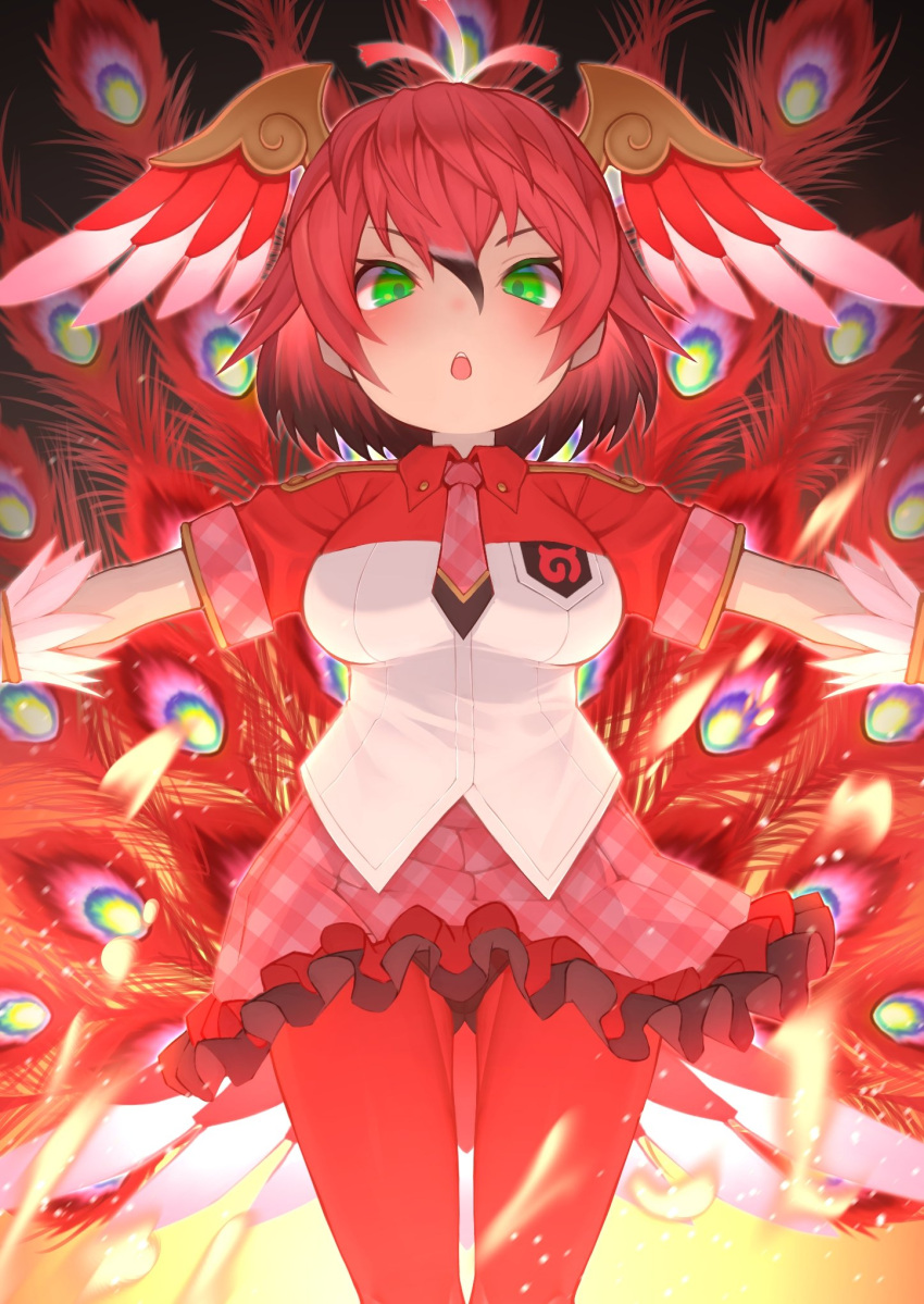 1girl, akuma_(st.takuma), antenna_hair, bangs, bird_tail, black_hair, bracelet, collared_shirt