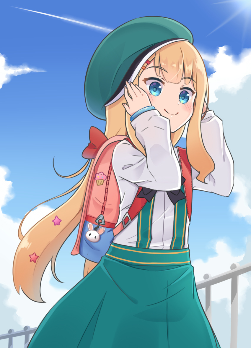 1girl, aoi_id, backpack, bag, bangs, beret, blonde_hair, blue_eyes