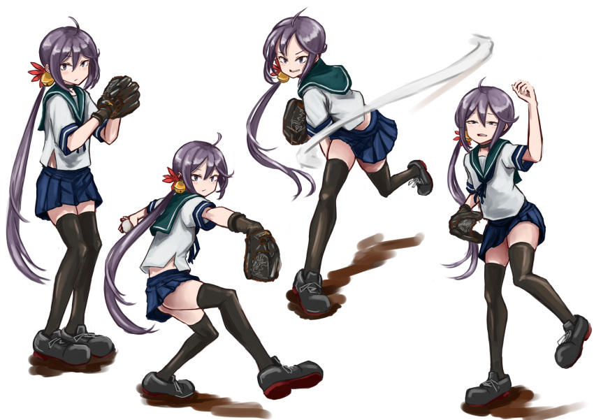 1girl, ahoge, akebono_(kancolle), baseball, baseball_mitt, bell, black_legwear, blue_skirt, blush, closed_mouth, eyebrows_visible_through_hair, flower, green_sailor_collar, hair_bell, hair_between_eyes, hair_flower, hair_ornament, highres, jingle_bell, kantai_collection, long_hair, multiple_views, open_mouth, pink_flower, pitching, pleated_skirt, purple_hair, sailor_collar, school_uniform, serafuku, shoes, short_sleeves, side_ponytail, simple_background, skirt, spi_(kugepot), thigh-highs, violet_eyes, white_background