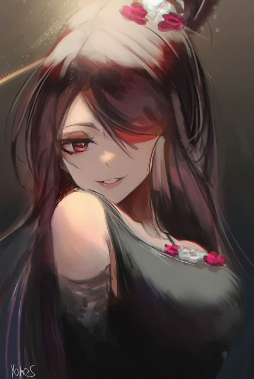 1girl, absurdres, bangs, beidou_(genshin_impact), black_background, black_dress, breasts, brown_hair