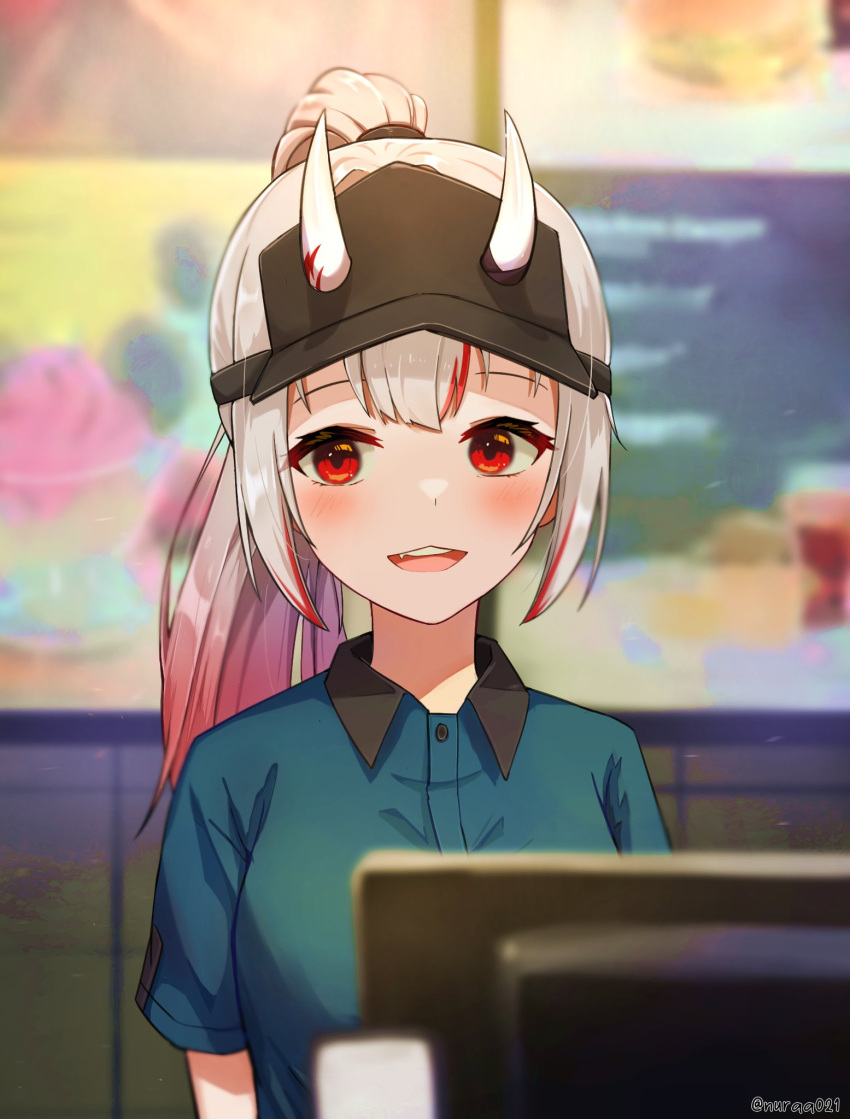 1girl, alternate_costume, bangs, blurry, blurry_background, hat, highres, hololive