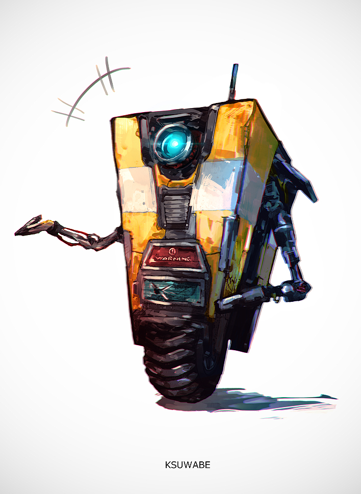 artist_name, borderlands_(series), claptrap, glowing, grey_background, k-suwabe, no_humans, realistic