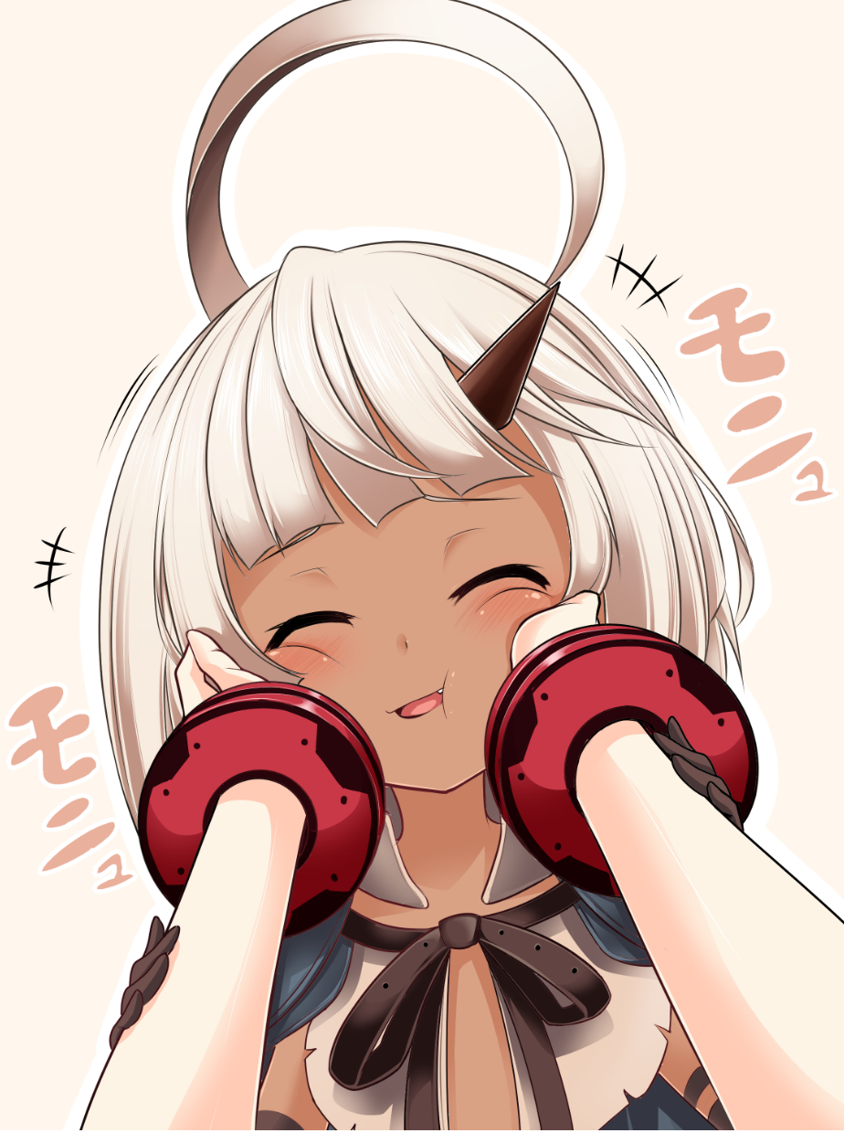 1girl, 1other, ahoge, arms_up, bangs, beige_background, black_gloves, black_ribbon, blunt_bangs, blush, cheek_squash, closed_eyes, collar, dark-skinned_female, dark_skin, detached_collar, fang, gloves, god_eater, god_eater_3, hands_on_another's_arms, hands_on_another's_cheeks, hands_on_another's_face, hands_up, happy, head_tilt, highres, horns, maritchi, open_mouth, outline, phym_(god_eater), pov, pov_hands, ribbon, short_hair, simple_background, single_horn, smile, solo_focus, teeth, white_hair, white_outline