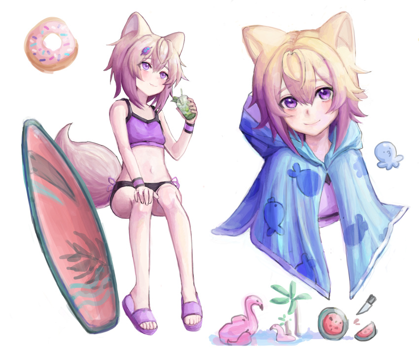 1boy, absurdres, animal_ears, aube, bangs, bikini, blonde_hair, crossdressing, flip-flops, fox_boy, fox_ears, fox_tail, gradient_hair, hair_between_eyes, highres, looking_at_viewer, male_focus, multicolored_hair, multiple_views, navel, original, otoko_no_ko, pink_hair, sandals, simple_background, smile, solo, swimsuit, tail, violet_eyes, white_background