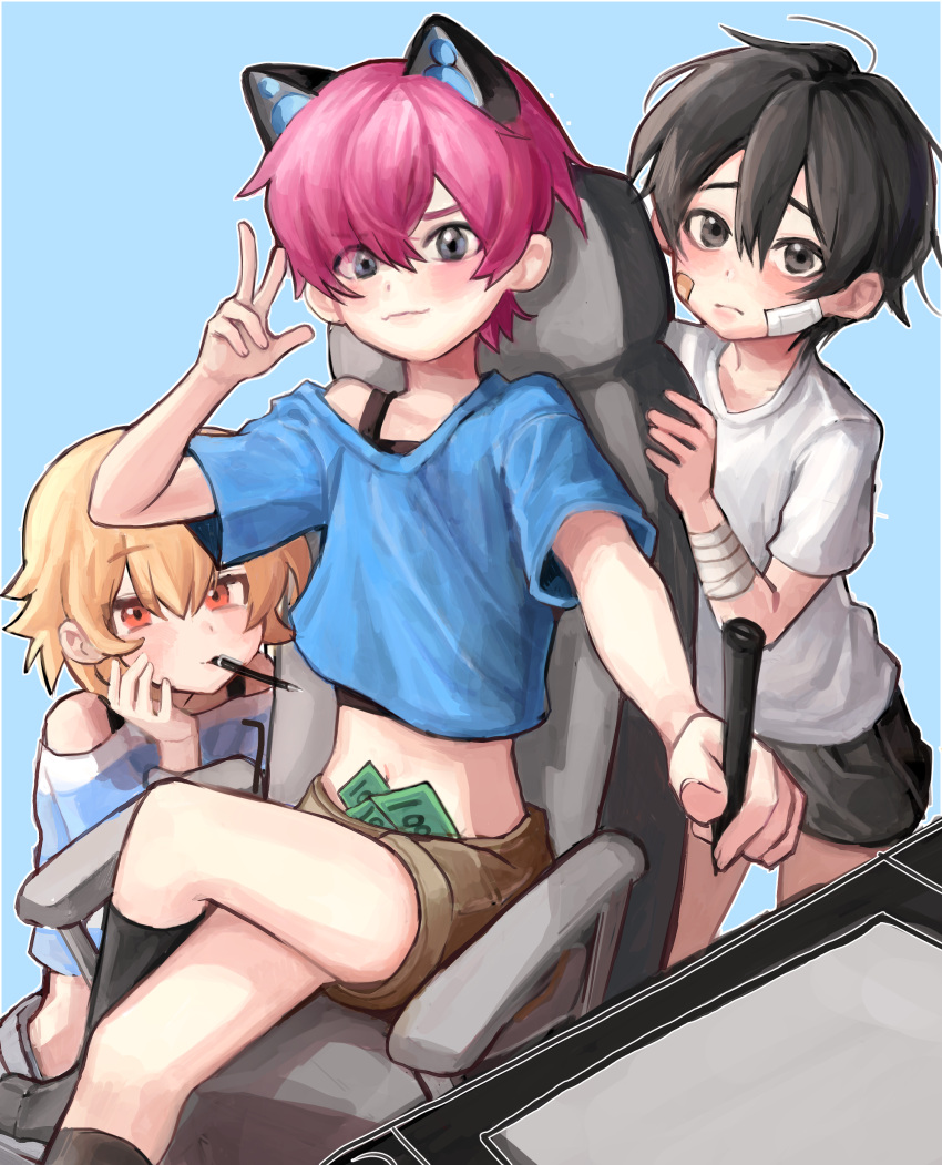 3boys, absurdres, animal_ears, aube, bandage_on_face, bandages, bandaid, bandaid_on_face