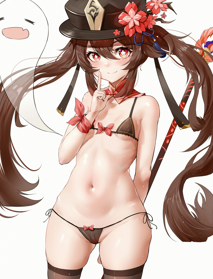 1girl, absurdres, bare_shoulders, bikini, black_bikini, black_headwear, black_legwear, blush