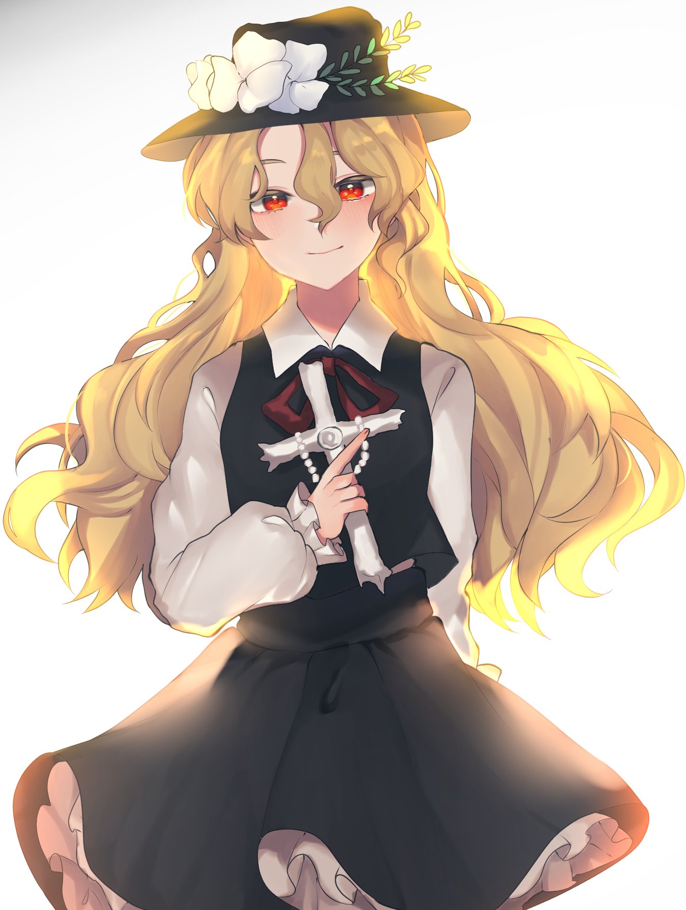 1girl, backlighting, bangs, black_headwear, black_skirt, black_vest, blonde_hair, blush