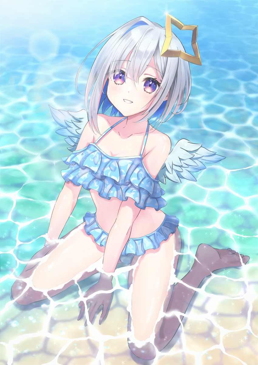 1girl, absurdres, alternate_costume, amane_kanata, angel_wings, bare_shoulders, beach, bikini