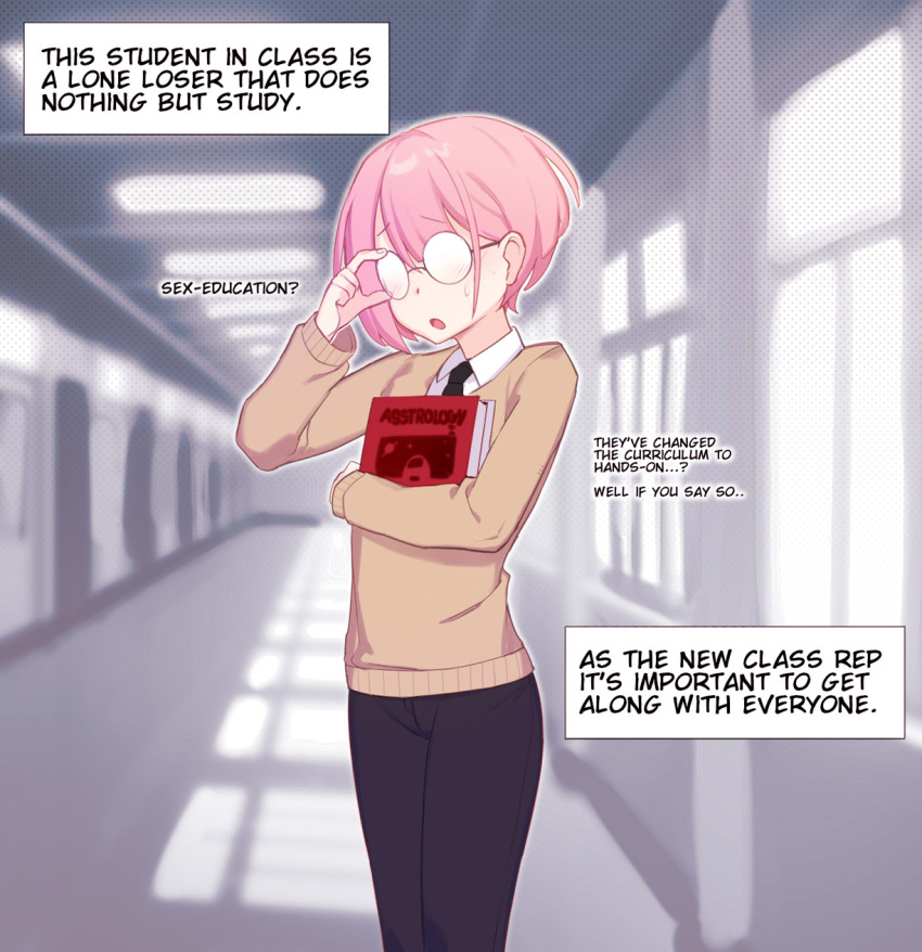 1boy, adjusting_eyewear, bangs, beige_sweater, black_pants, book, collared_shirt, english_text