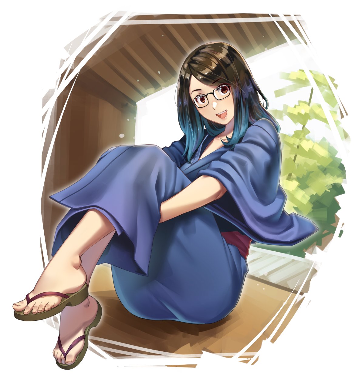 1girl, agustinus, bangs, black_hair, blue_hair, brown_eyes, collarbone, commentary, english_commentary, eyebrows_visible_through_hair, full_body, glasses, gradient_hair, highres, indie_virtual_youtuber, japanese_clothes, kimono, kson, looking_at_viewer, multicolored_hair, open_mouth, solo, yukata