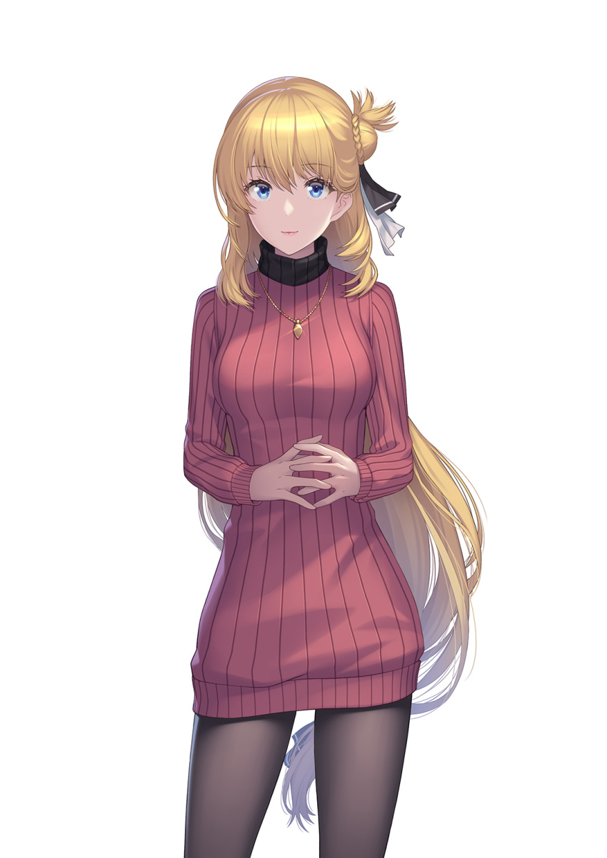 1girl, agnes_claudel, athrun1120, bangs, black_legwear, blonde_hair, blue_eyes, breasts