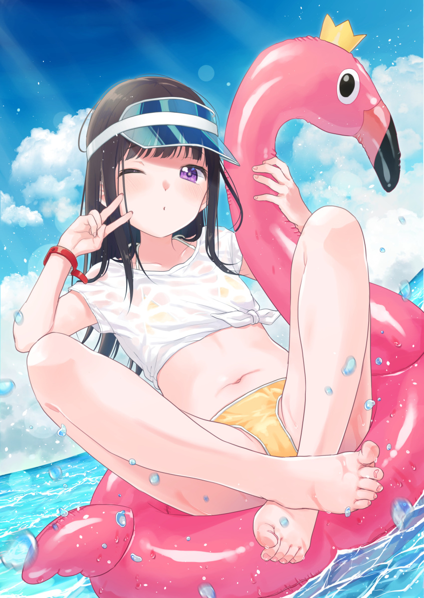 1girl, barefoot, bikini, black_hair, blue_sky, blush, bracelet, clouds, crossed_ankles, day, feet, flat_chest, full_body, highres, innertube, jewelry, looking_at_viewer, navel, one_eye_closed, original, outdoors, see-through, shirt, short_sleeves, sky, solo, star-shaped_pupils, star_(symbol), sunlight, swimsuit, symbol-shaped_pupils, toes, v, violet_eyes, water, water_drop, wet, wet_clothes, white_shirt, yellow_bikini, yukiu_con