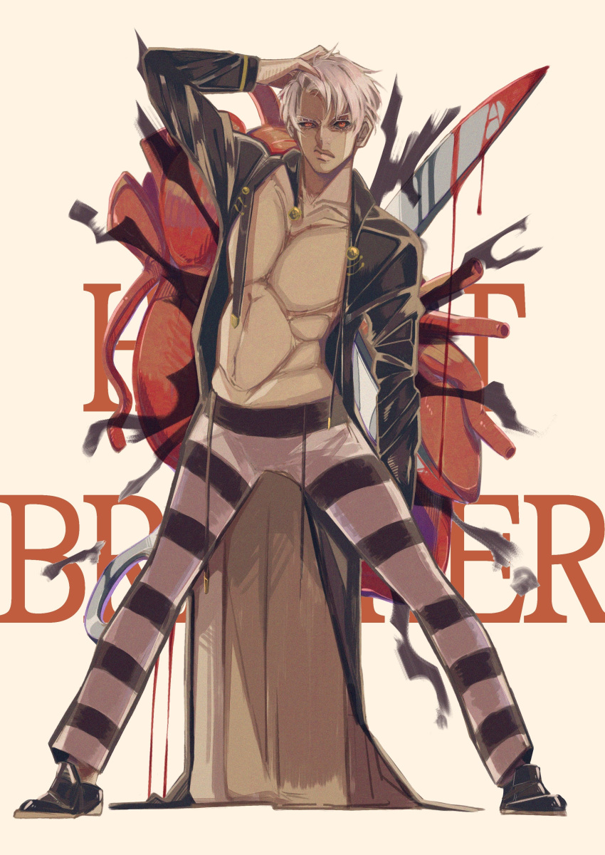1boy, absurdres, black_sclera, blood, colored_sclera, hand_in_hair, hand_on_own_head, heart_(organ), highres, jojo_no_kimyou_na_bouken, kuroda_(nenonen), long_sleeves, looking_at_viewer, male_focus, razor, red_eyes, risotto_nero, scissors, short_hair, solo, white_hair