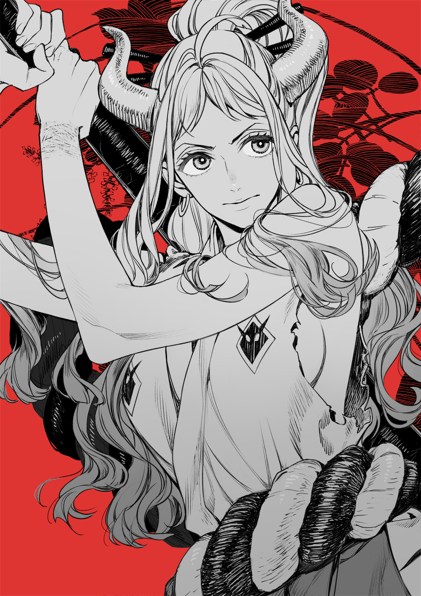 1girl, club_(weapon), highres, holding, holding_weapon, horns, japanese_clothes, long_hair, monochrome, nno_(nocturnal_blue), one_piece, ponytail, red_background, rope, sleeveless, solo, weapon, yamato_(one_piece)