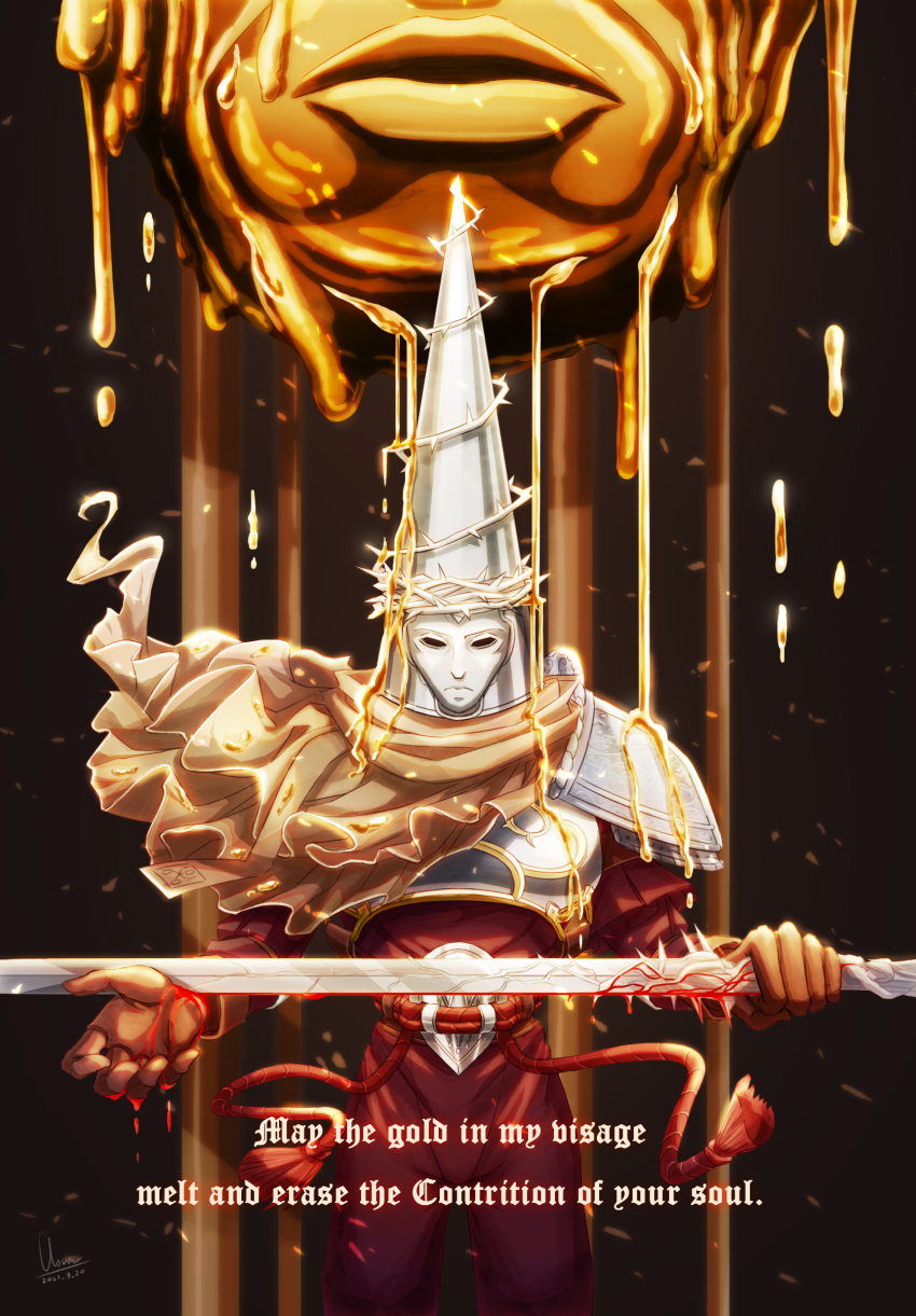 1boy, 1other, absurdres, armor, blasphemous, blood, breastplate, brown_gloves, clovergrasswang, english_commentary, english_text, gloves, gold, helmet, highres, holding, holding_sword, holding_weapon, mask, molten_metal, penitent_one, scarf, shoulder_armor, slit_wrist, sword, thorns, weapon