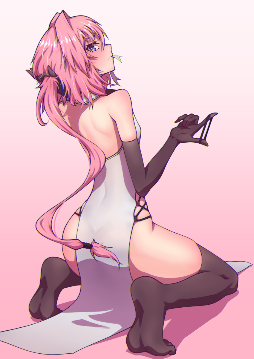 1boy, absurdres, alternate_hairstyle, ass, astolfo_(fate), bare_shoulders, brown_gloves, brown_legwear, china_dress, chinese_clothes, closed_mouth, commentary, dress, elbow_gloves, fate/grand_order, fate_(series), from_behind, gloves, hair_intakes, hair_tie, hej, highres, holding, kneeling, long_hair, looking_at_viewer, looking_back, male_focus, mouth_hold, no_shoes, otoko_no_ko, pelvic_curtain, pink_hair, ponytail, smile, soles, solo, symbol-only_commentary, thigh-highs, very_long_hair, violet_eyes, white_dress