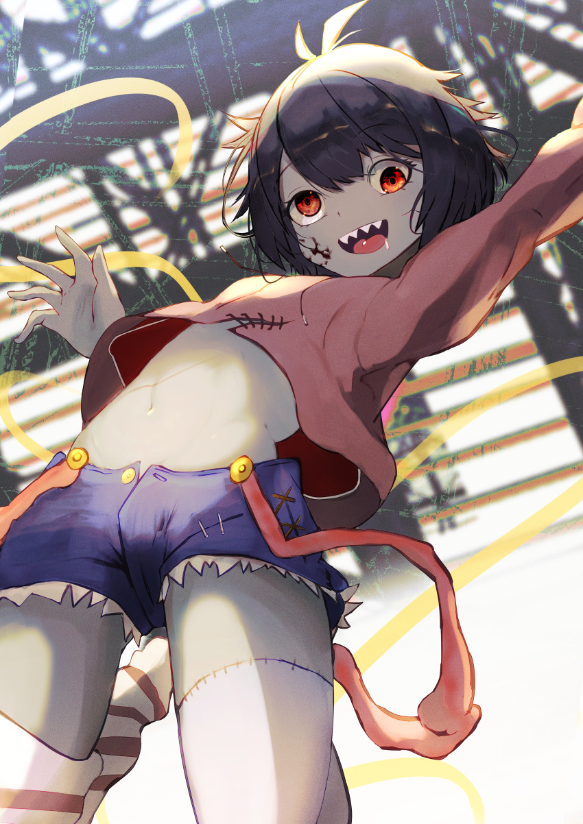 1girl, :d, absurdres, bangs, black_hair, blood, blood_on_face, blue_shorts