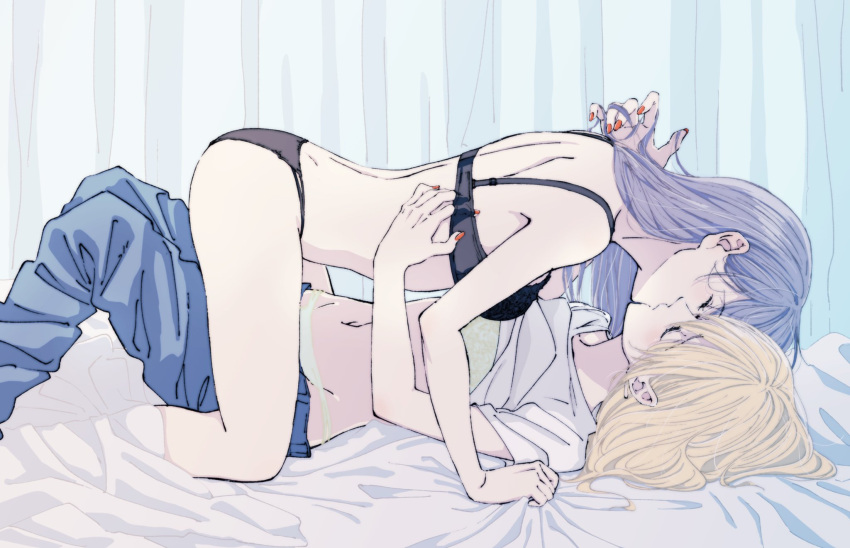 2girls, aihara_mei, aihara_yuzu, all_fours, black_bra, black_hair, black_panties, blonde_hair