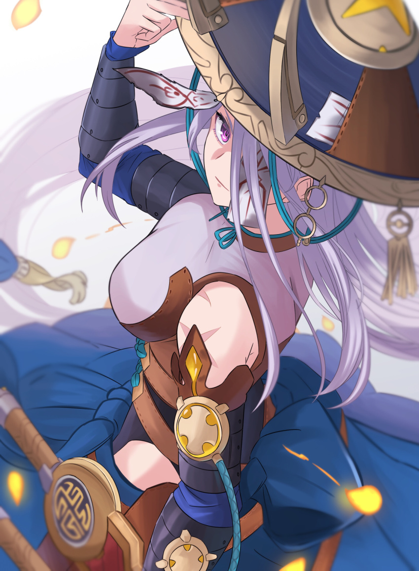 1girl, armor, bare_shoulders, breasts, clothing_cutout, commentary, detached_sleeves, duel_monster
