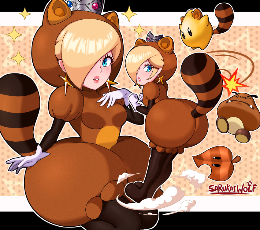 1girl, absurdres, artist_name, ass, blue_eyes, goomba, hair_over_one_eye, highres, leaning_forward, looking_at_viewer, luma_(mario), parted_lips, raccoon_tail, rosalina, sarukaiwolf, super_mario_3d_world, super_mario_bros., tail, tail_whip, tanuki_suit