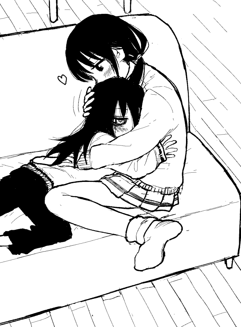 2girls, bangs, blush, couch, couple, covered_mouth, cuddling, floor, foot_out_of_frame, from_side, full_body, greyscale, hair_over_one_eye, hand_on_another's_back, hand_on_another's_head, hand_up, headpat, hug, indoors, kuroki_tomoko, leg_up, long_hair, long_sleeves, looking_at_viewer, low_twintails, lying, miniskirt, monochrome, motion_lines, multiple_girls, nagayama_(zappazappa), no_shoes, on_stomach, pants, pleated_skirt, profile, sitting, skirt, sleeves_past_wrists, socks, tamura_yuri, twintails, wariza, watashi_ga_motenai_no_wa_dou_kangaetemo_omaera_ga_warui!, wooden_floor, yuri