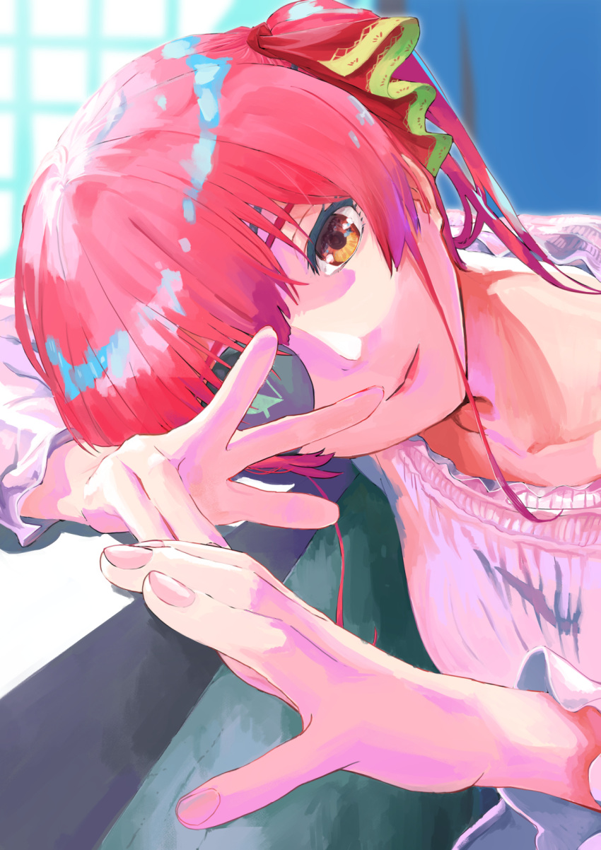 1girl, alternate_costume, arrow_through_heart, breasts, collarbone, commentary, dress, etomina, eyepatch, hair_ribbon, head_rest, highres, hololive, houshou_marine, indoors, light_smile, lips, looking_at_viewer, medium_breasts, medium_hair, one_eye_covered, orange_eyes, red_ribbon, redhead, ribbon, solo, sunlight, twintails, upper_body, virtual_youtuber, white_dress, window