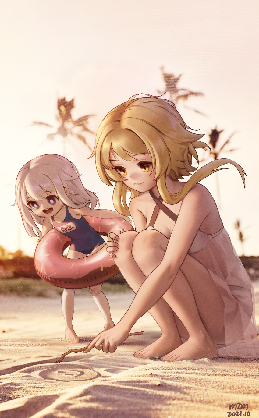 2girls, :d, absurdres, asymmetrical_legwear, bangs, bare_arms, bare_legs, beach