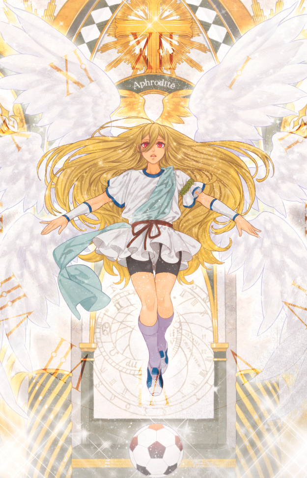 afuro_terumi, angelic, aphrodi, armband, blonde_hair, clock, cross, inazuma_eleven, red_eyes, soccer_ball, solo, trap, wings