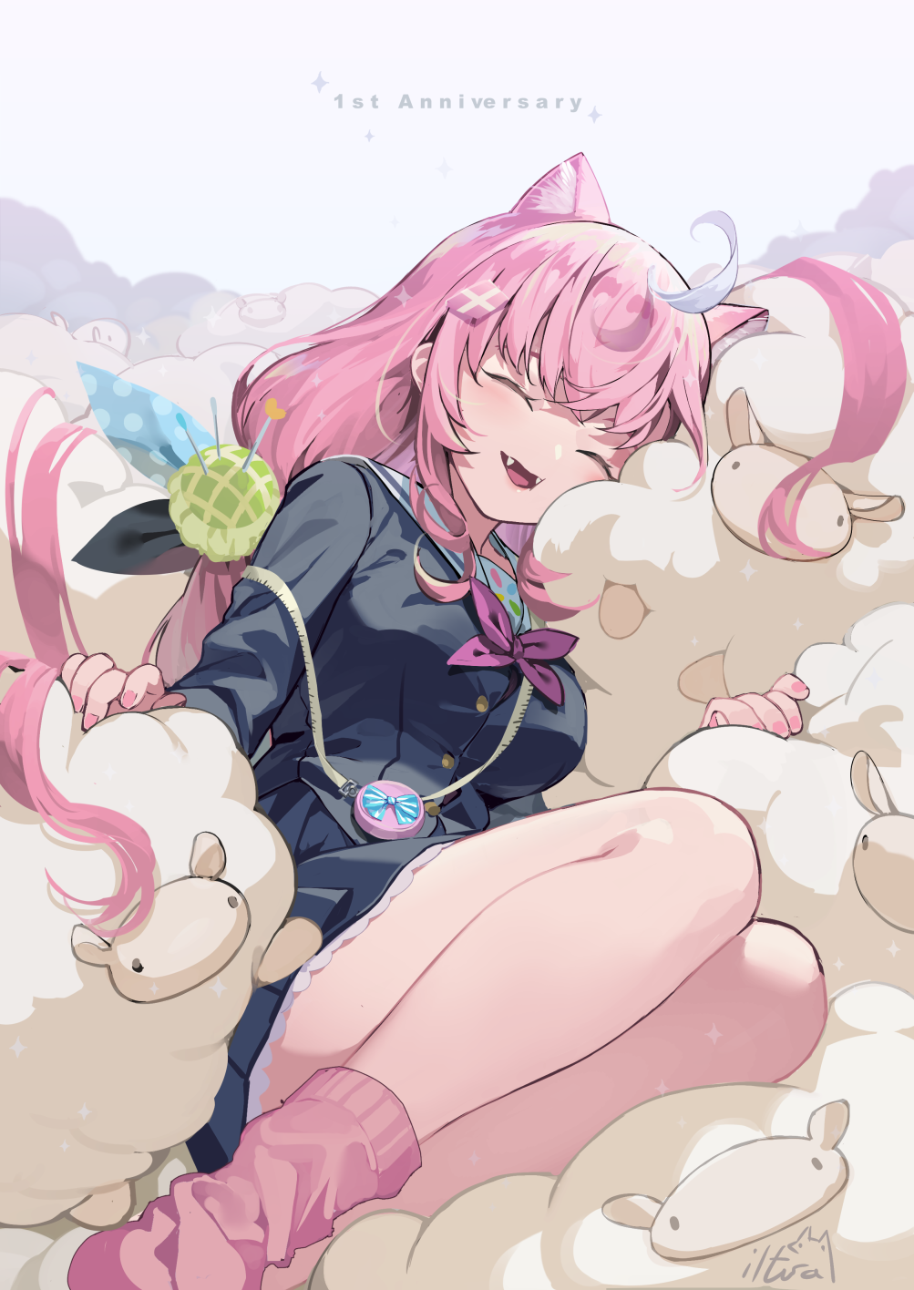 1girl, ^_^, ^o^, ahoge, animal_ear_fluff, animal_ears, anniversary, bangs