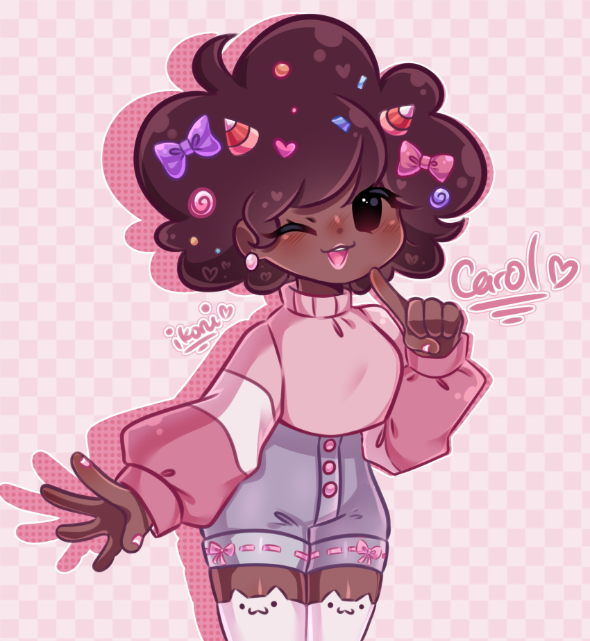 alternate_costume, alternate_universe, blush, brown_hair, candy, candy_corn, candy_hair_ornament, carol_(bbpanzu)