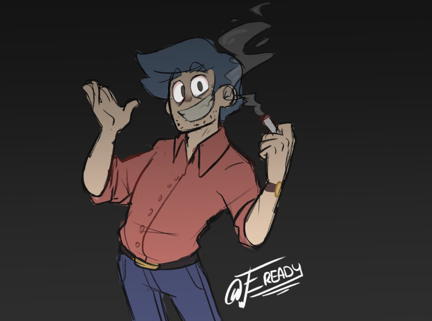 1boy, blue_hair, cigarette, f_readygo, father_fairest, friday_night_funkin', friday_night_funkin'_soft, green_eyes, grey_background, grin, holding, holding_cigarette, looking_at_viewer, male_focus, pants, shirt, simple_background, smoke, solo, standing, stubble, teeth, twitter_username