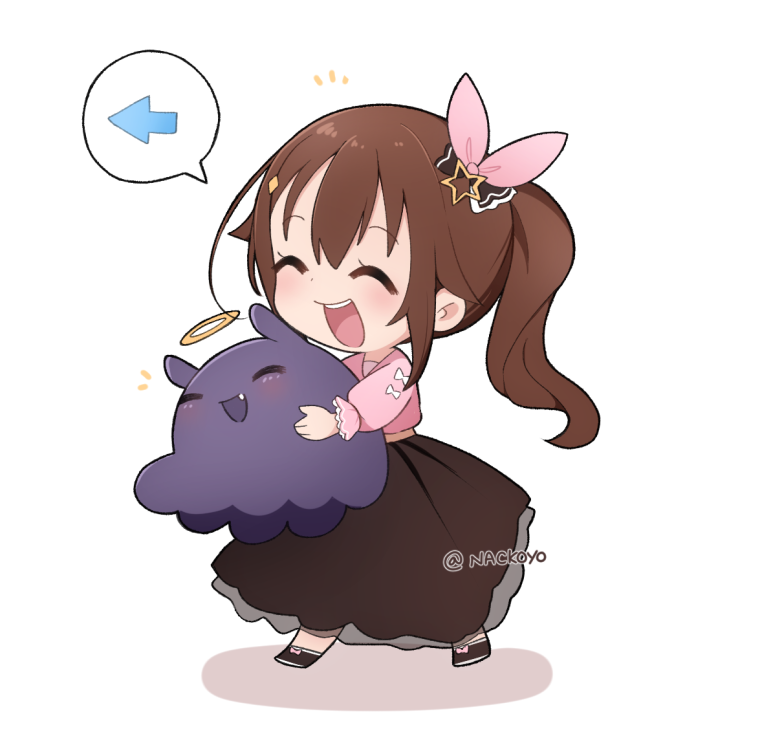 1girl, :d, \||/, ^_^, blouse, blush, brown_hair, brown_skirt, closed_eyes, commentary, creature, diamond_hair_ornament, english_commentary, hair_ornament, hair_ribbon, hairclip, hololive, layered_skirt, long_hair, long_skirt, long_sleeves, nackoyo, open_mouth, pink_blouse, pink_ribbon, ribbon, side_ponytail, skirt, smile, star_(symbol), star_hair_ornament, tako_(ninomae_ina'nis), tokino_sora, twitter_username, virtual_youtuber, wavy_hair