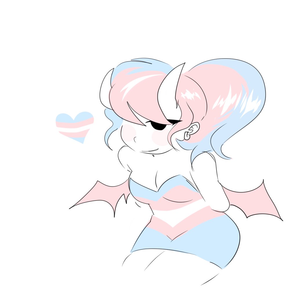 1girl, alternate_universe, black_eyes, blue_hair, blush, breasts, cleavage, demon_girl, demon_horns, demon_wings, dress, ear_piercing, earrings, friday_night_funkin', friday_night_funkin'_b3_remixed, girlfriend_(friday_night_funkin'), horns, lgbt_pride, multicolored_hair, pink_hair, ponytail, pride_flag, queer, simple_background, smile, solo, temorinki, trans, transgender, transgender_flag, white_background, wings