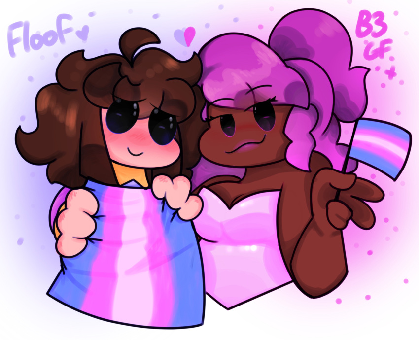 2girls, alternate_universe, bad_id, bad_twitter_id, black_hair, blush, breasts, brown_hair, cleavage, dark-skinned_female, dark_skin, english_commentary, english_text, flag, friday_night_funkin', friday_night_funkin'_b3_remixed, girlfriend_(friday_night_funkin'), holding, holding_flag, lgbt_pride, pride_flag, purple_hair, queer, simple_background, smile, smorsipan, trans, transgender, transgender_flag