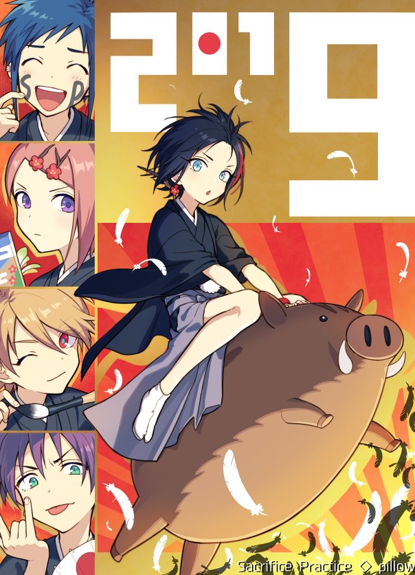 2019, 5boys, :o, \m/, animal, bangs, black_hair, blue_hair