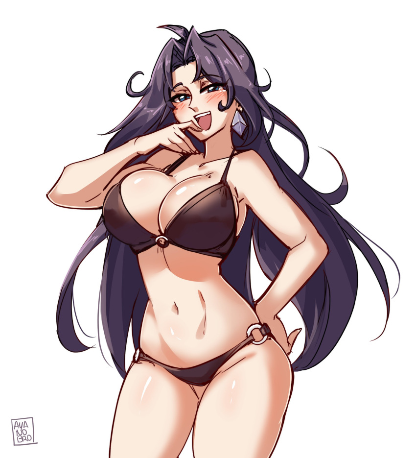 1girl, arm_up, ayanobro, bikini, black_bikini, blue_eyes, breasts, earrings, hand_on_hip, highres, jewelry, large_breasts, laughing, long_hair, naga_the_serpent, o-ring, o-ring_bikini, purple_hair, slayers, swimsuit