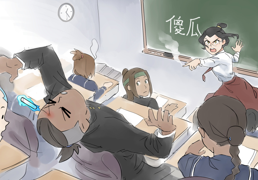 >_<, 2boys, 4girls, aang, alternate_universe, arrow_(symbol), aura, avatar:_the_last_airbender