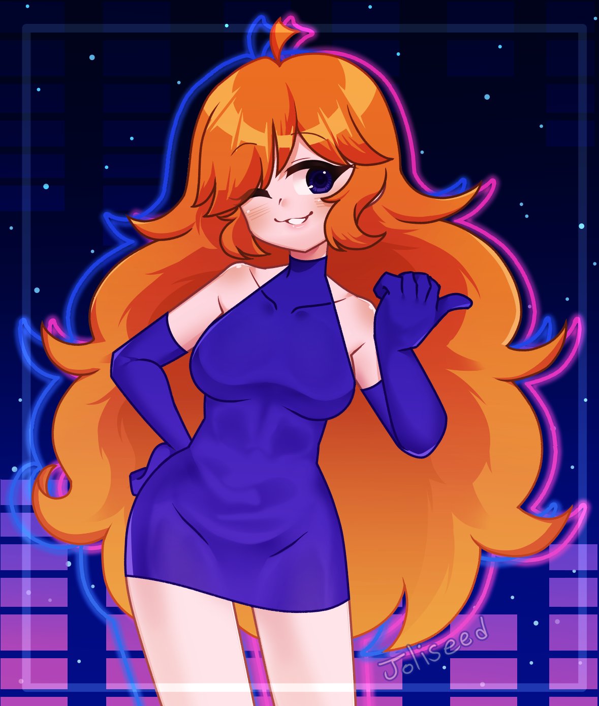 1girl, alternate_universe, blue_dress, blue_eyes, blue_gloves, breasts, dress, elbow_gloves, english_commentary, friday_night_funkin', friday_night_funkin'_b-sides, girlfriend_(friday_night_funkin'), gloves, joliseed, long_hair, orange_hair, signature, smile, solo, standing, wink
