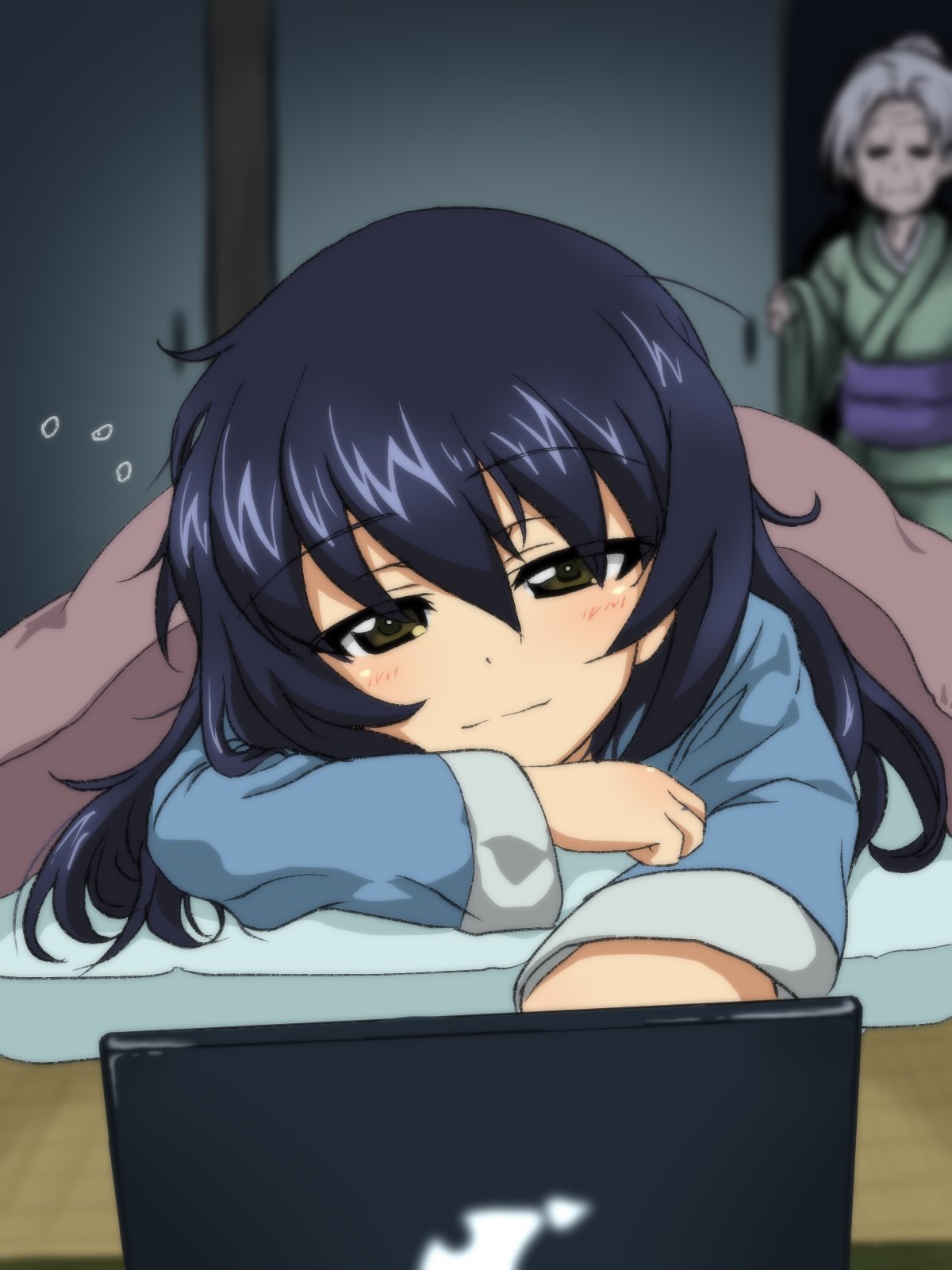 black_hair, brown_eyes, closed_mouth, commentary, computer, disheveled, eyebrows_visible_through_hair, futon, girls_und_panzer, highres, japanese_clothes, key_(gaigaigai123), laptop, long_hair, looking_at_viewer, lying, obi, on_bed, on_stomach, pajamas, reizei_hisako, reizei_mako, sash, sleepy, sliding_doors, smile, tatami